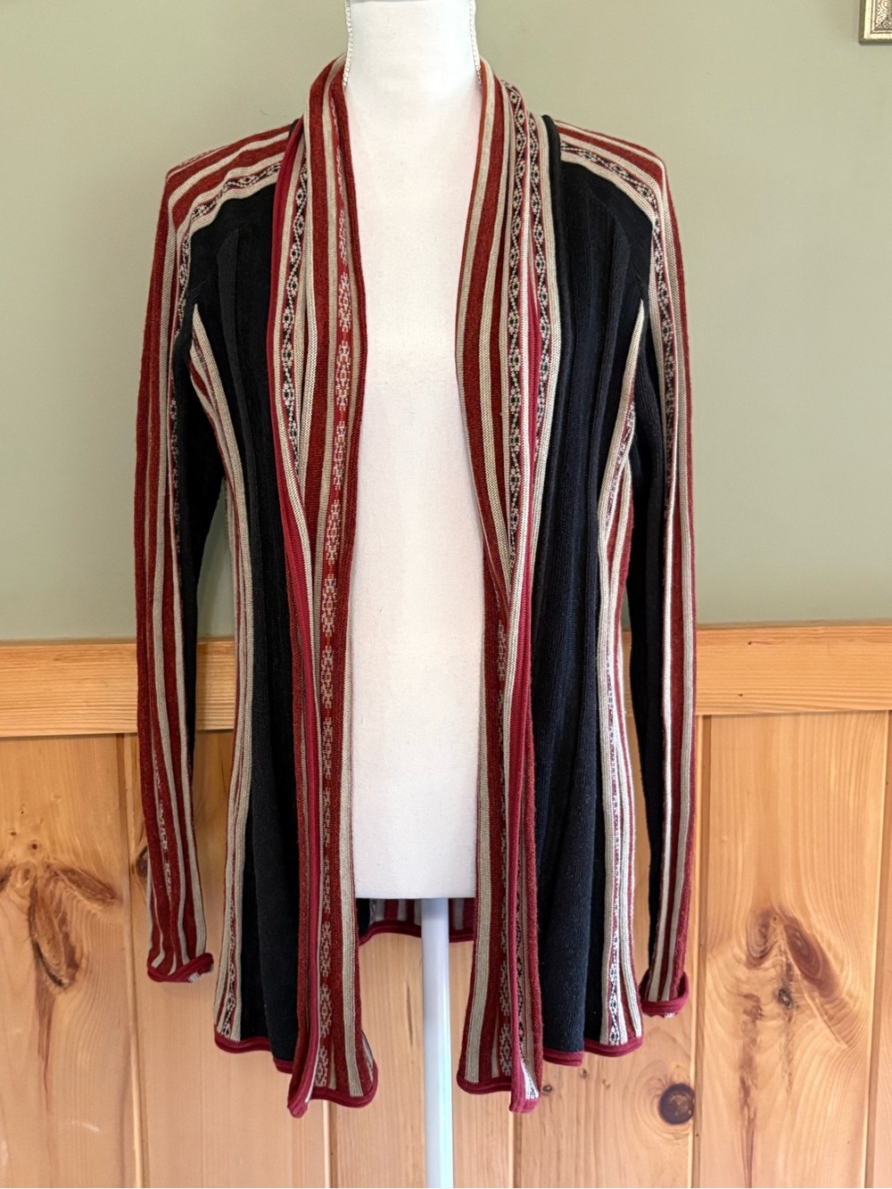 Peruvian Connection L Cardigan Sweater Black Red Andean Stripe Open Front Peru